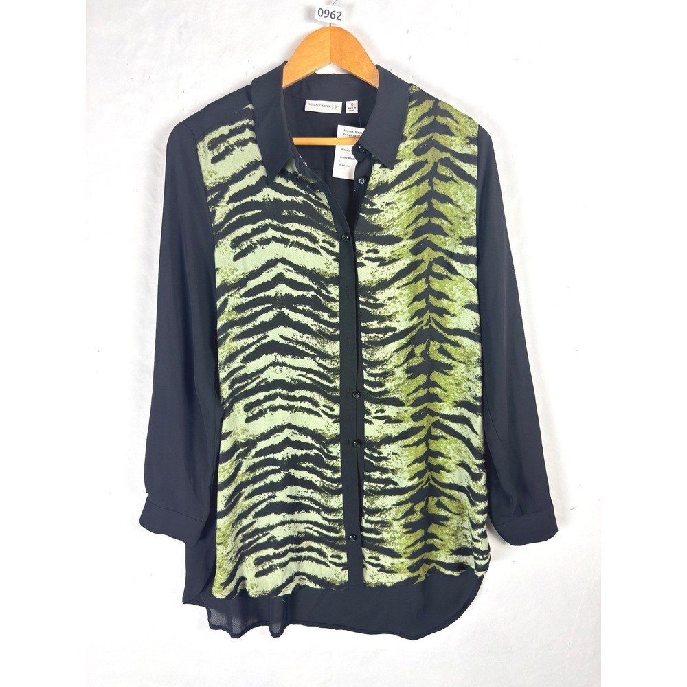 2/$30 Susan Graver Black Green Tiger Print Button Up Top 10